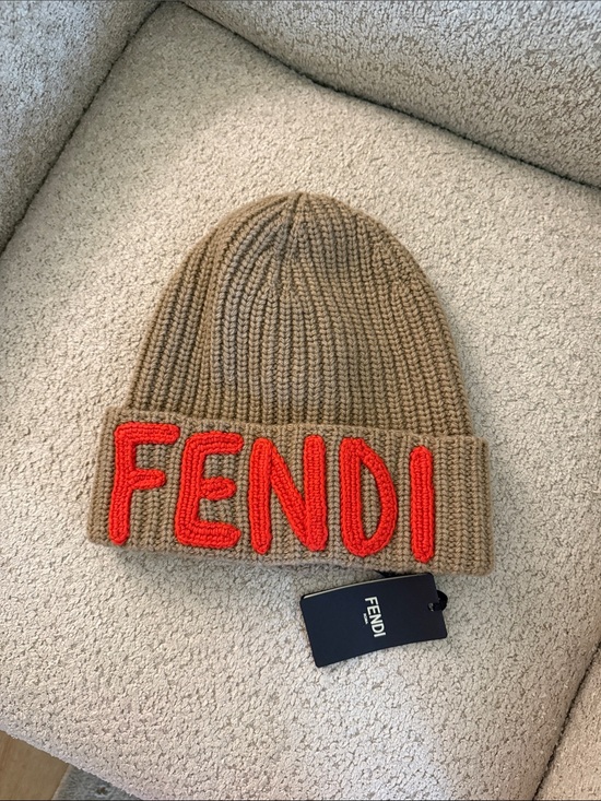 Fendi Other - Fendi Tan Ribbed Knit Beanie with Red Lettering